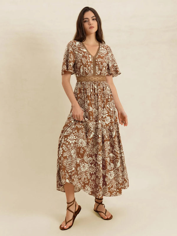 Lace Detail Printed Short Sleeve Midi Dress-Nordavory