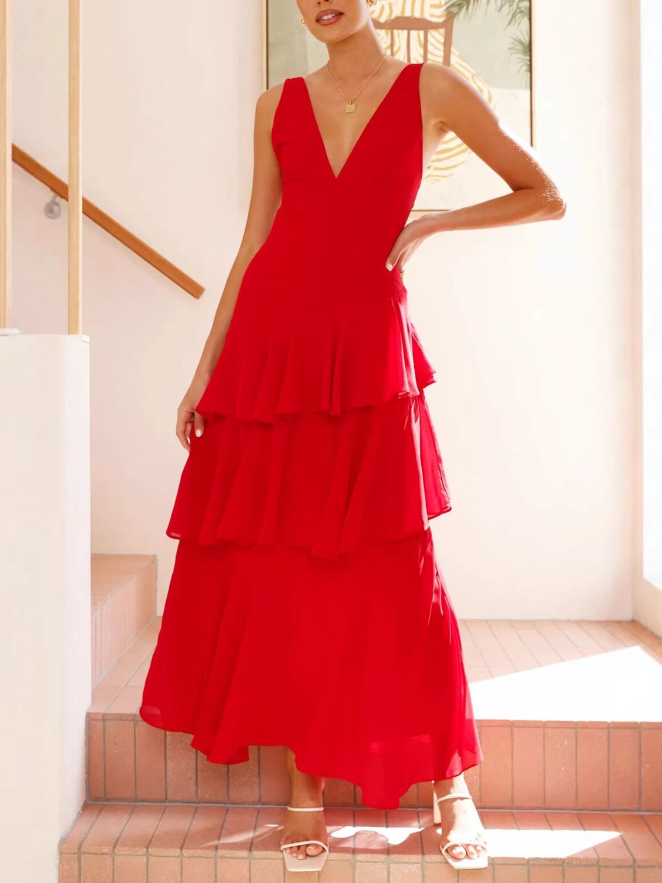Sleeveless Ruffled Layered Backless Maxi Dress-Nordavory