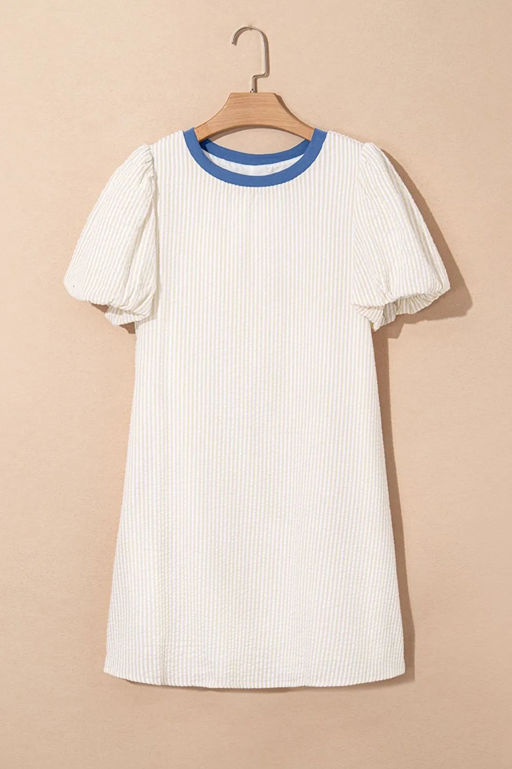 Stripe Seersucker Contrast Round Neck Puff Sleeve T Shirt Dress-Nordavory