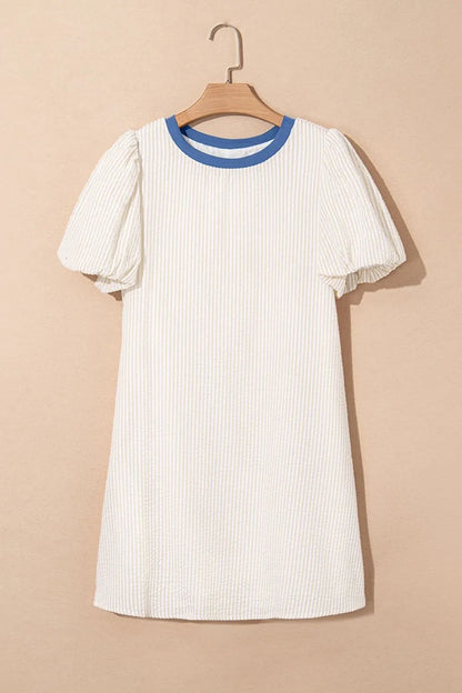 Stripe Seersucker Contrast Round Neck Puff Sleeve T Shirt Dress-Nordavory
