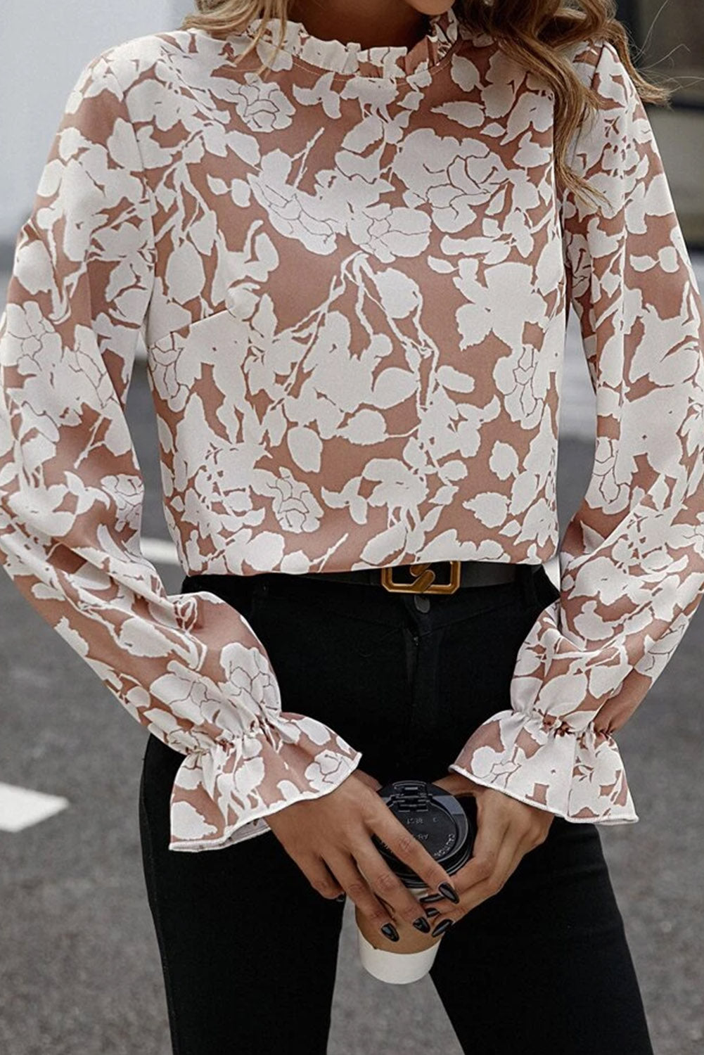 Floral Print Mock Neck Flounce Sleeve Blouse-Nordavory
