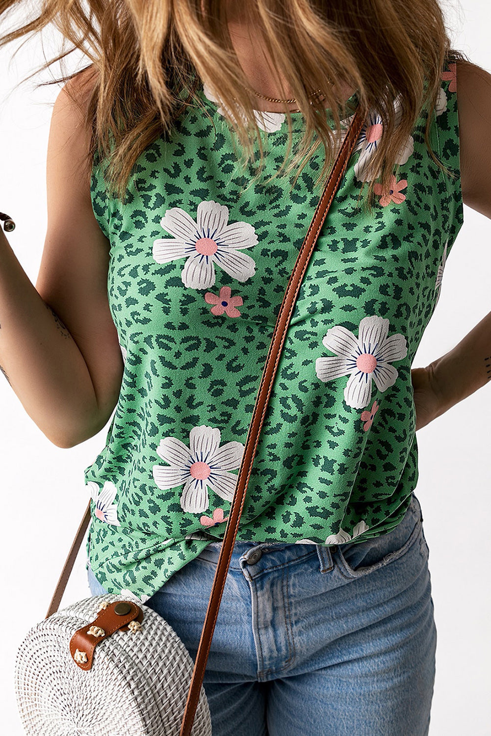 Printed Side Slit Round Neck Tank-Nordavory