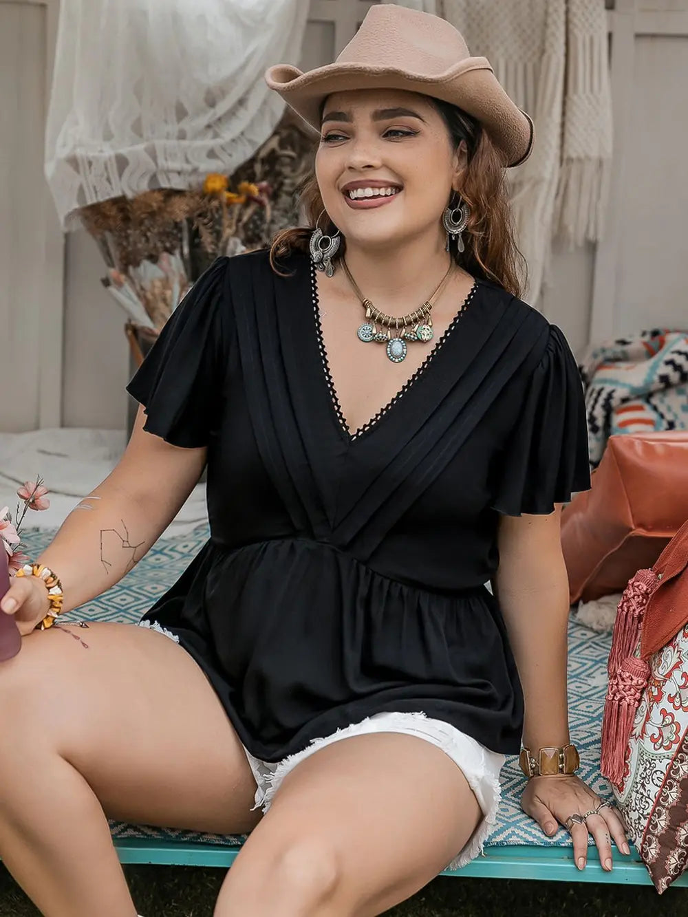 Plus Size V-Neck Flutter Sleeve Blouse-Nordavory