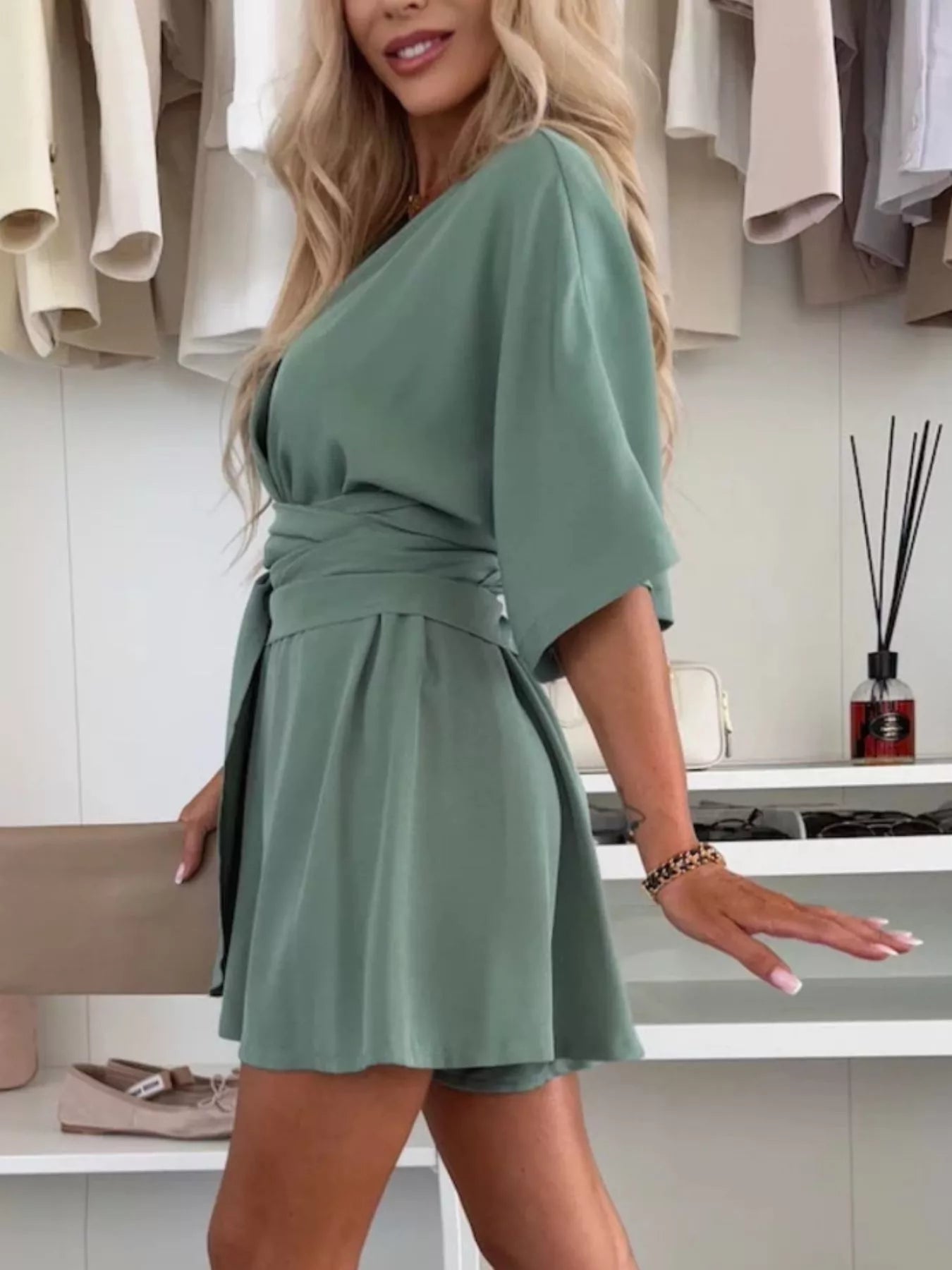 Full Size Surplice Tie Waist Romper Plus Size-Nordavory