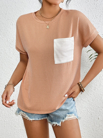 Ribbed Contrast Pocket T-Shirt-Nordavory