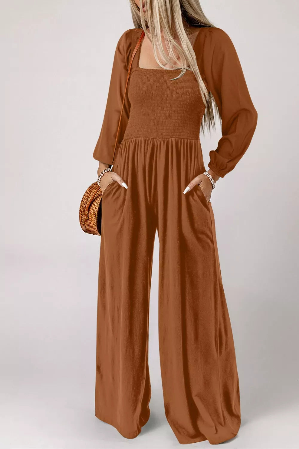 Boho Smocked Square Neck Wide Leg Jumpsuit-Nordavory
