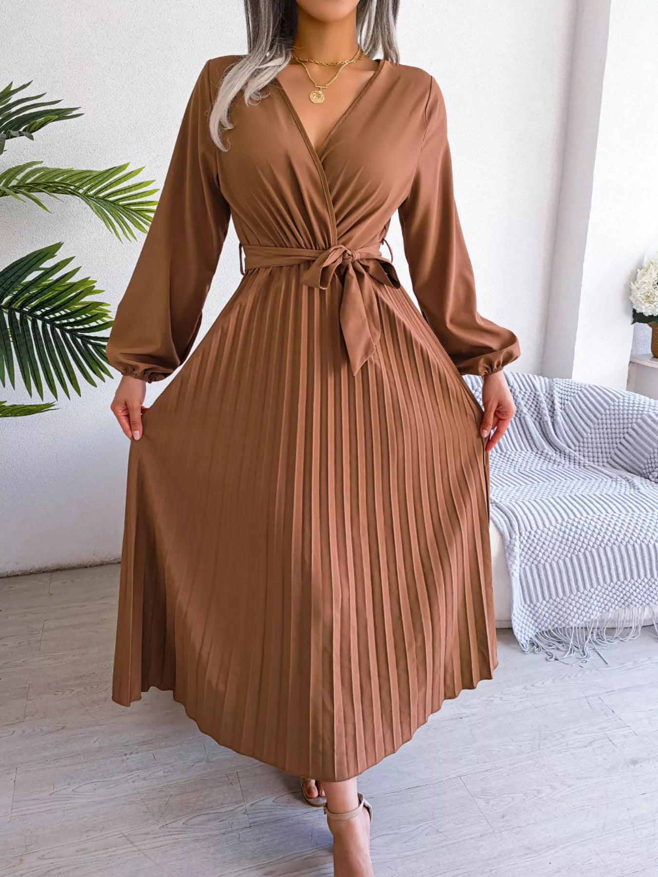 Elegant Pleated Front Tie Long Sleeve Dress-Nordavory