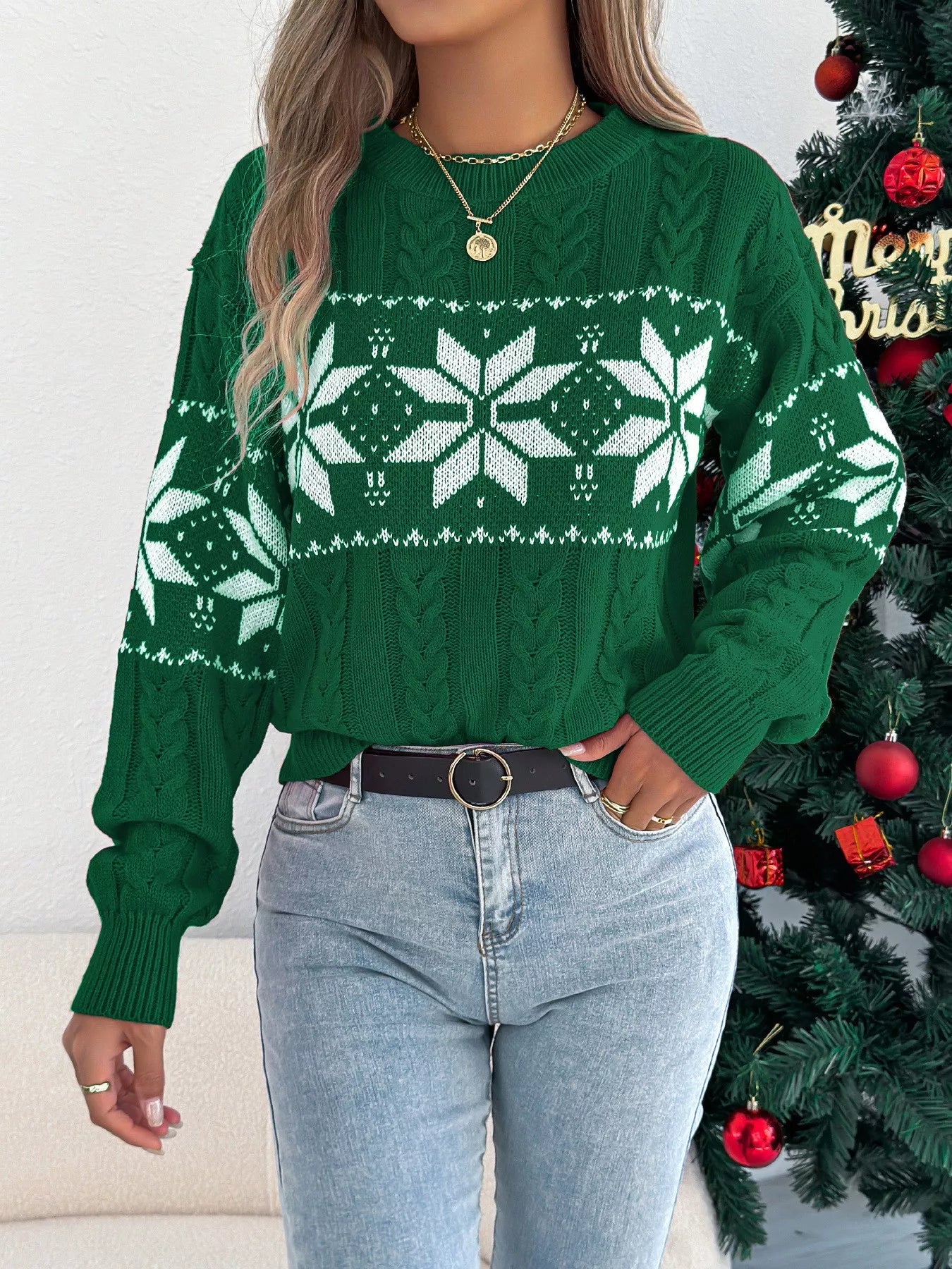 Christmas Snowflake Cable Knit Sweater-Nordavory