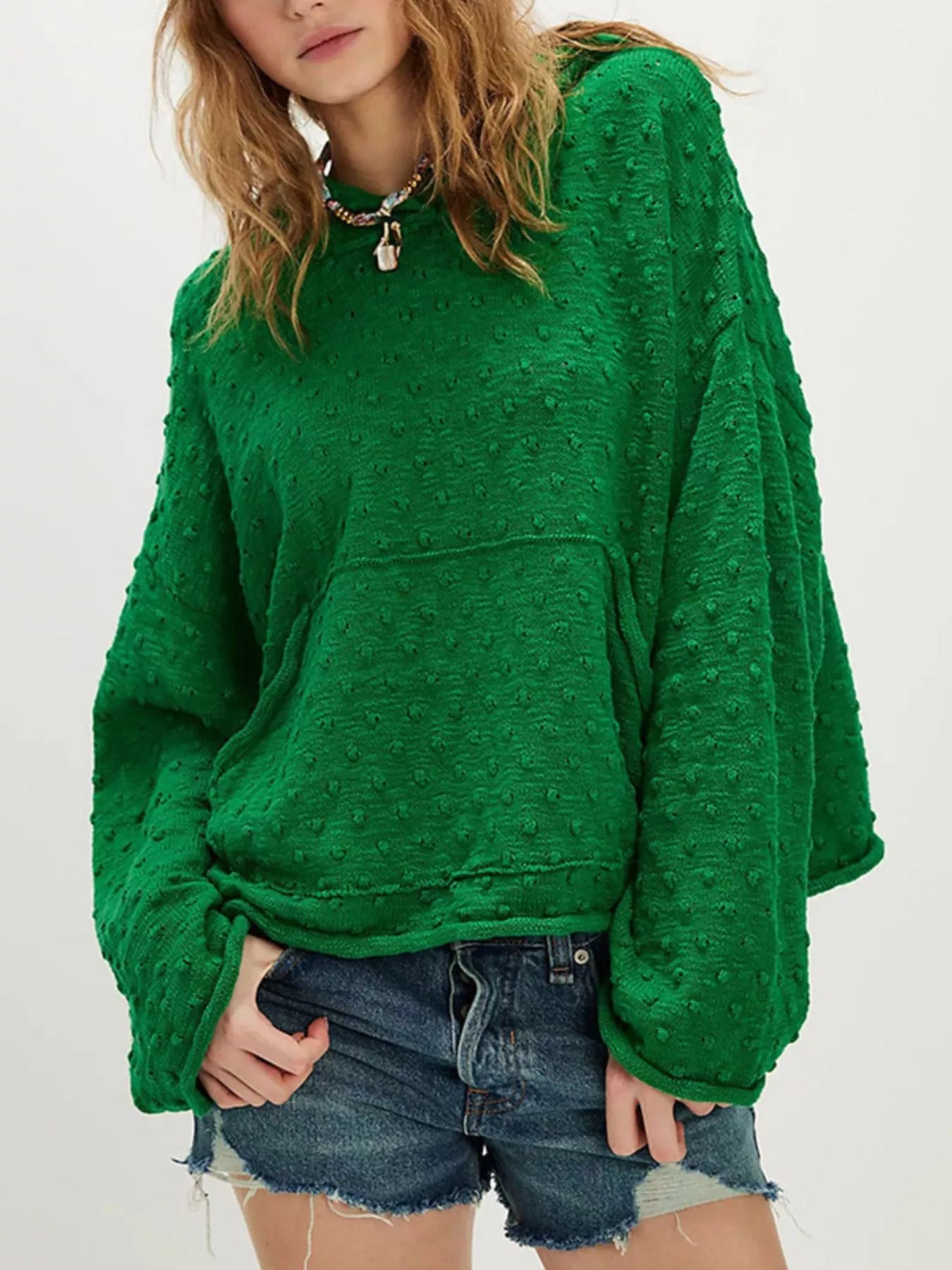 Textured Dot Knit Long Sleeve Hooded Sweater-Nordavory