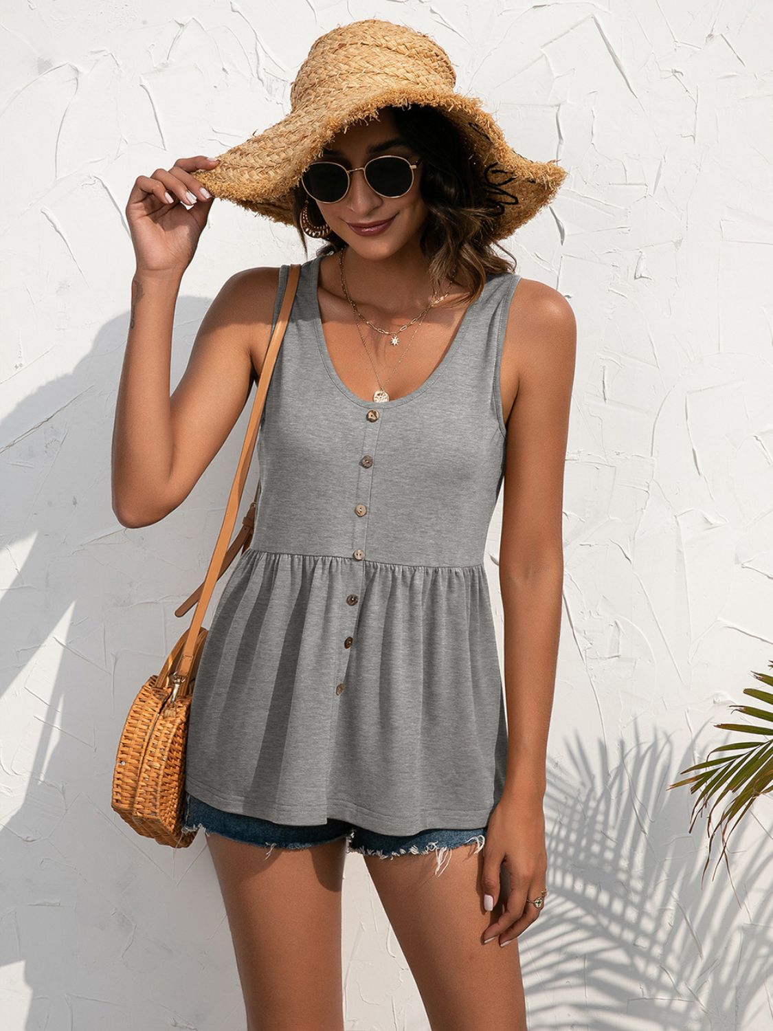 Ivy Lane Decorative Button Scoop Neck Tank-Nordavory