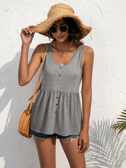 Ivy Lane Decorative Button Scoop Neck Tank-Nordavory