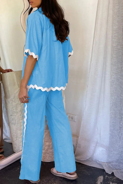 Contrast Trim Half Sleeve Top and Pants Set-Nordavory