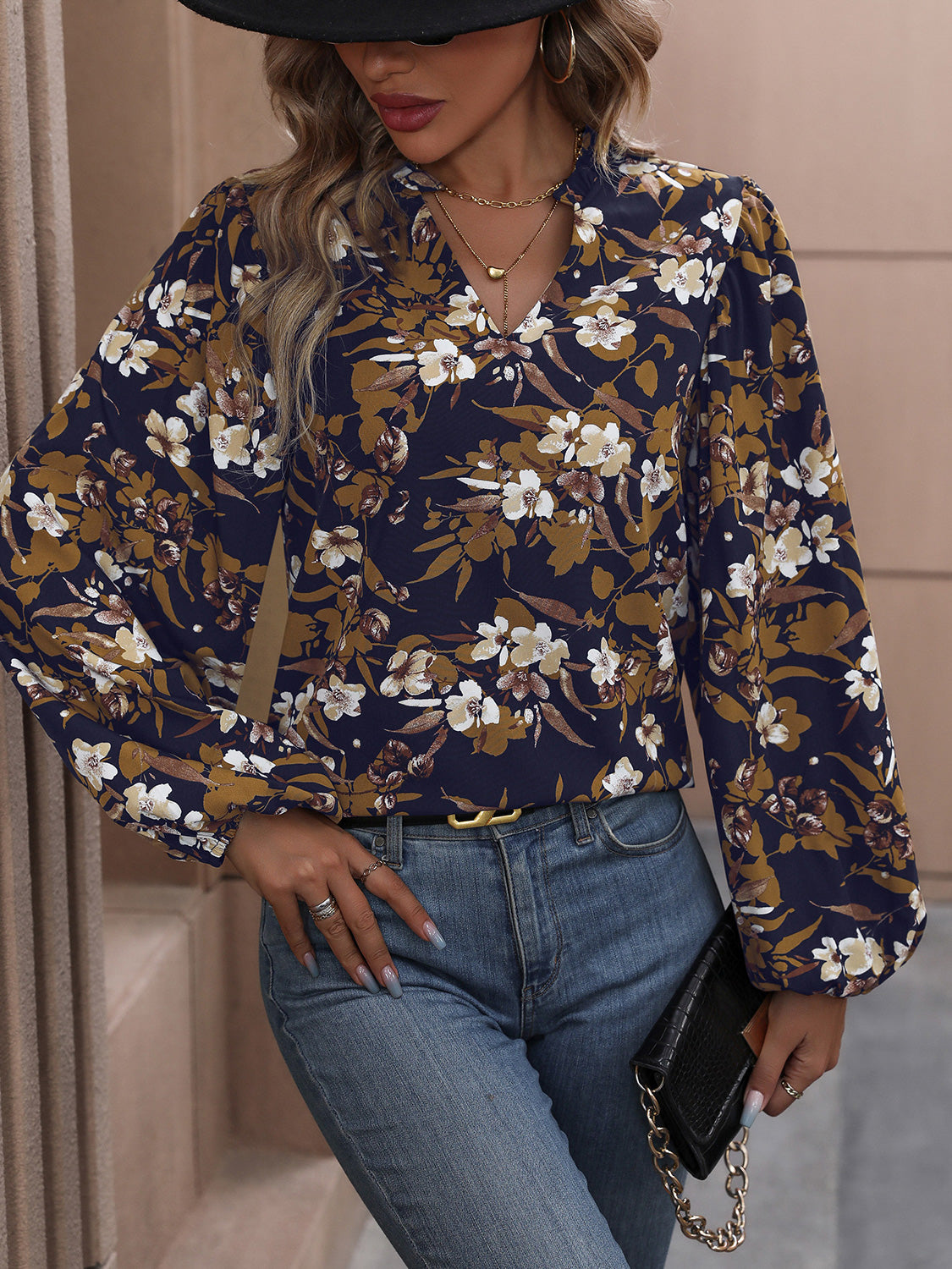Perfee Floral Notched Balloon Sleeve Blouse-Nordavory