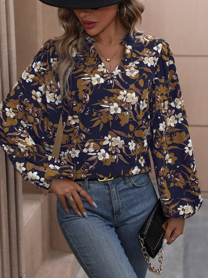 Perfee Floral Notched Balloon Sleeve Blouse-Nordavory