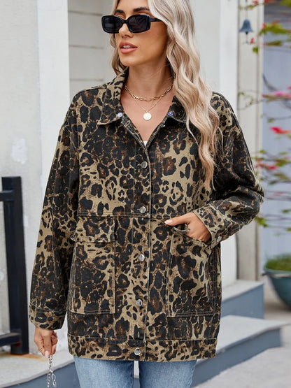 Leopard Button Up Drop Shoulder Denim Jacket-Nordavory