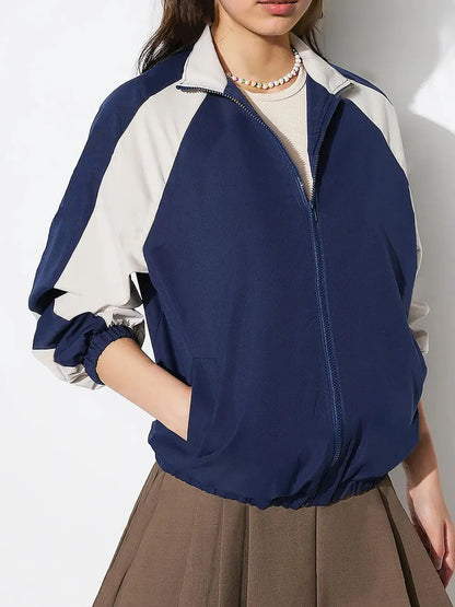 Contrast Zip Up Collared Neck Long Sleeve Jacket-Nordavory