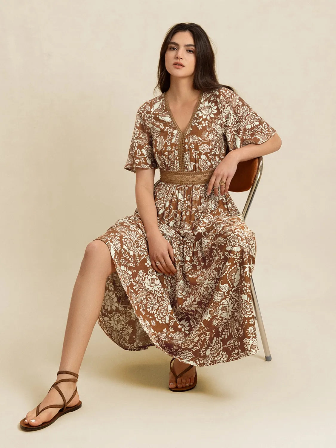 Lace Detail Printed Short Sleeve Midi Dress-Nordavory