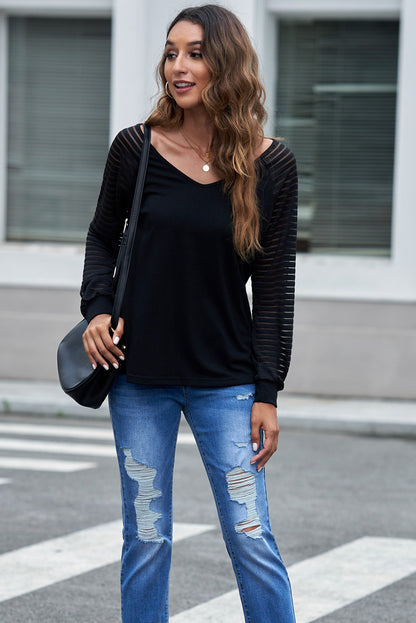 Sheer Striped V-Neck Top-Nordavory
