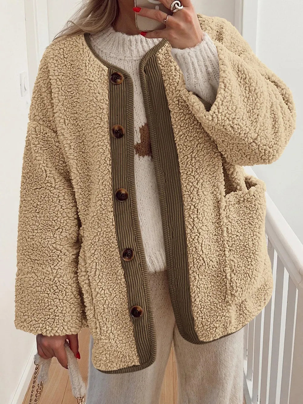 Contrast Button Up Sherpa Jacket with Pockets-Nordavory
