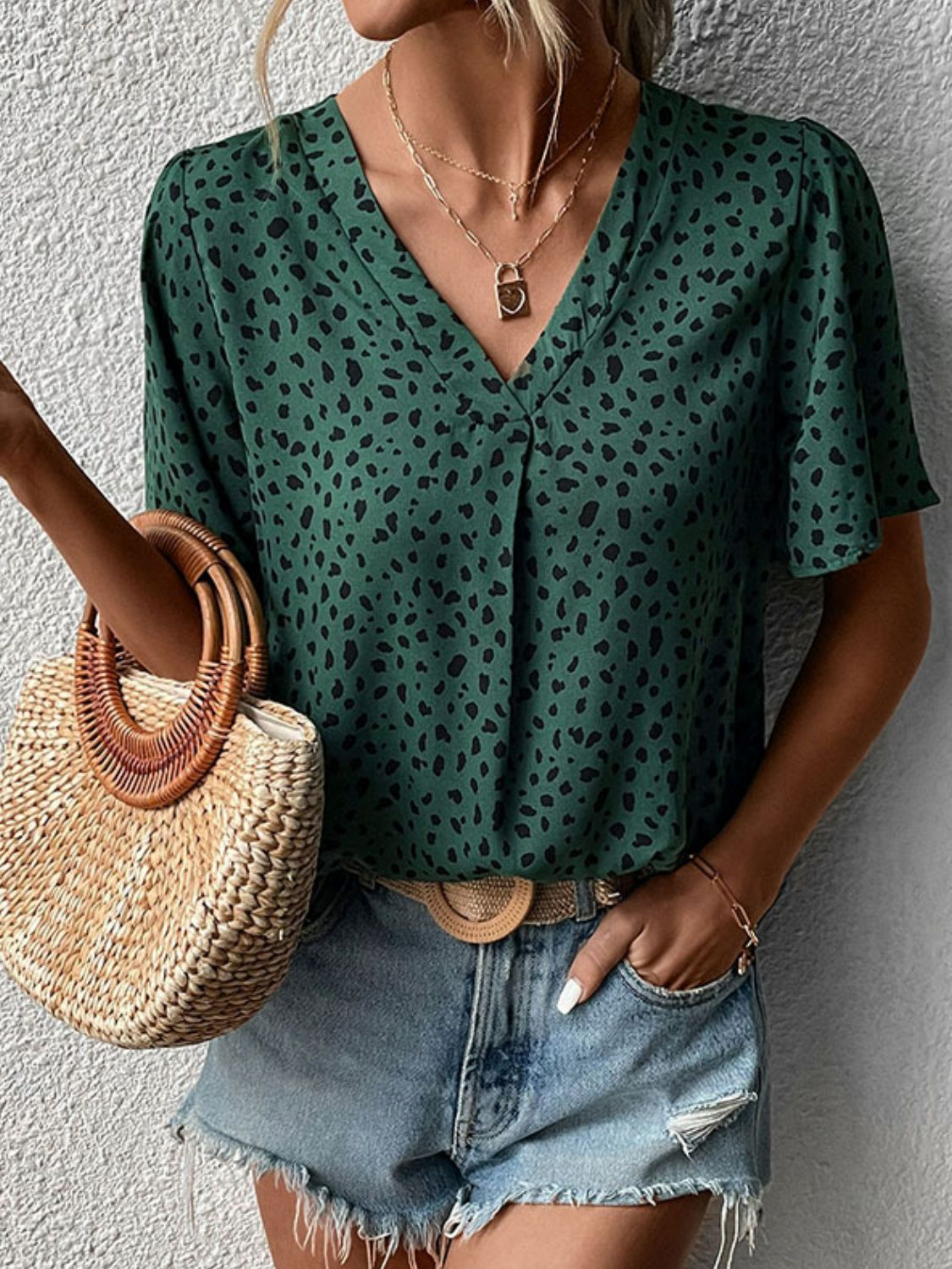 Perfee Animal Print V-Neck Flutter Sleeve Blouse-Nordavory