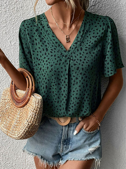 Perfee Animal Print V-Neck Flutter Sleeve Blouse-Nordavory