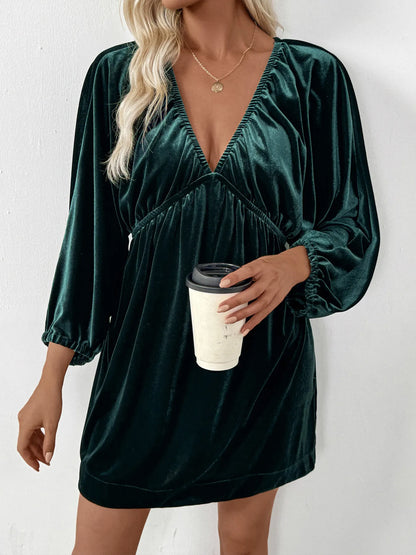 Ruched V-Neck Balloon Sleeve Dress-Nordavory