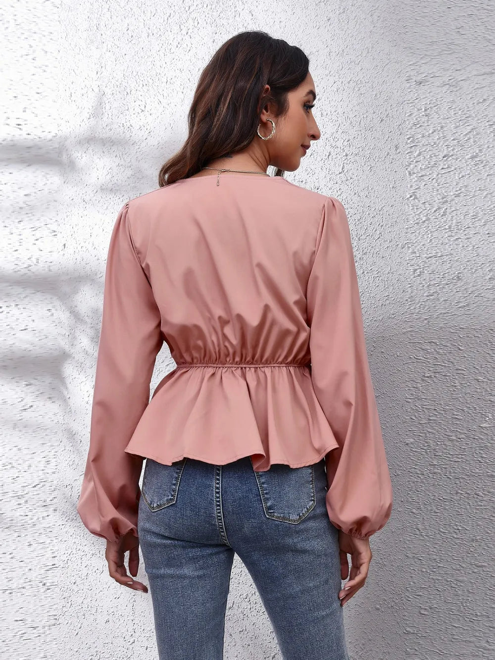 V-Neck Balloon Sleeve Peplum Blouse-Nordavory