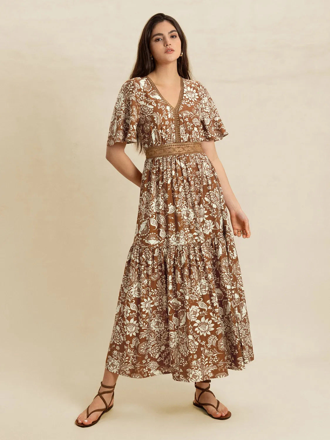 Lace Detail Printed Short Sleeve Midi Dress-Nordavory