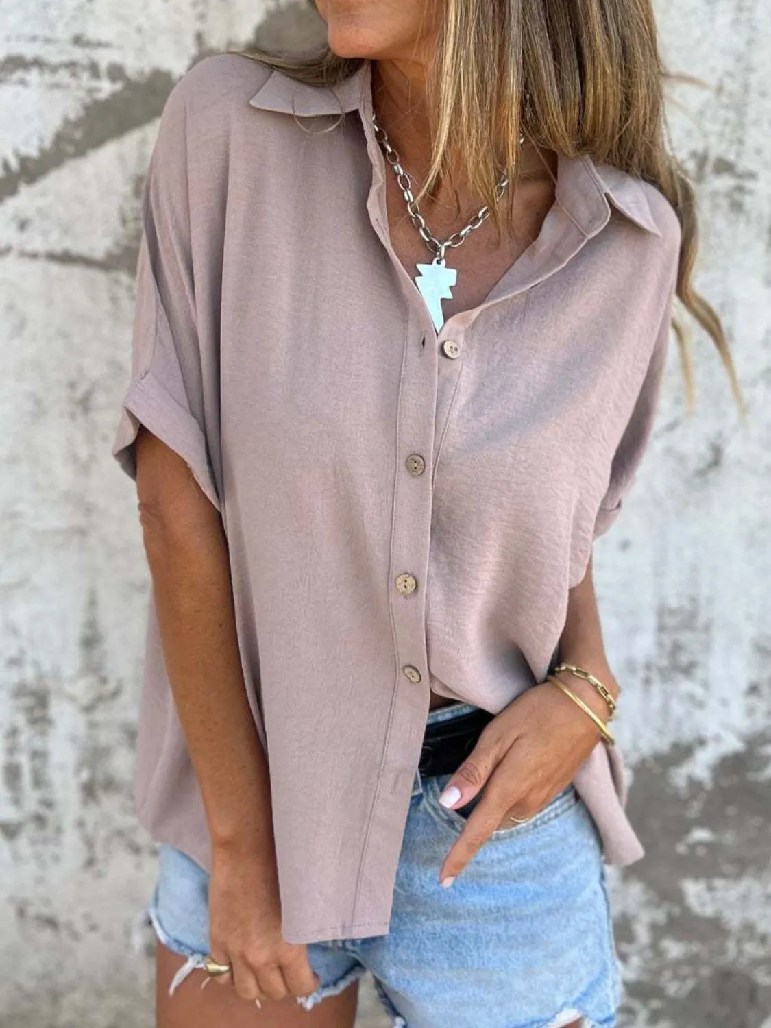 Full Size Collared Neck Half Sleeve Shirt Plus Size-Nordavory