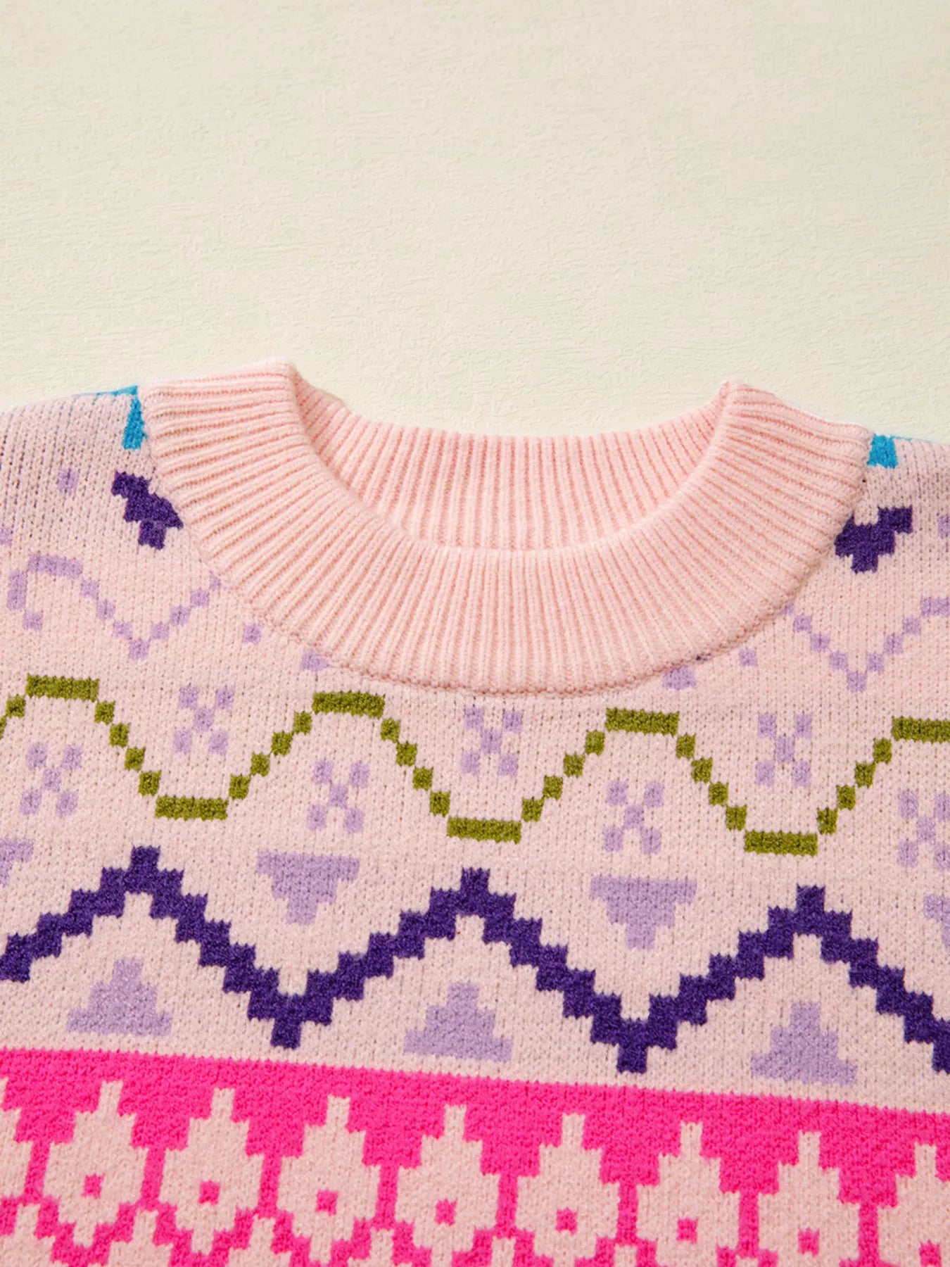 Multicolour Ethnic Christmas Pattern Knit Feather Cuffed Sweater-Nordavory