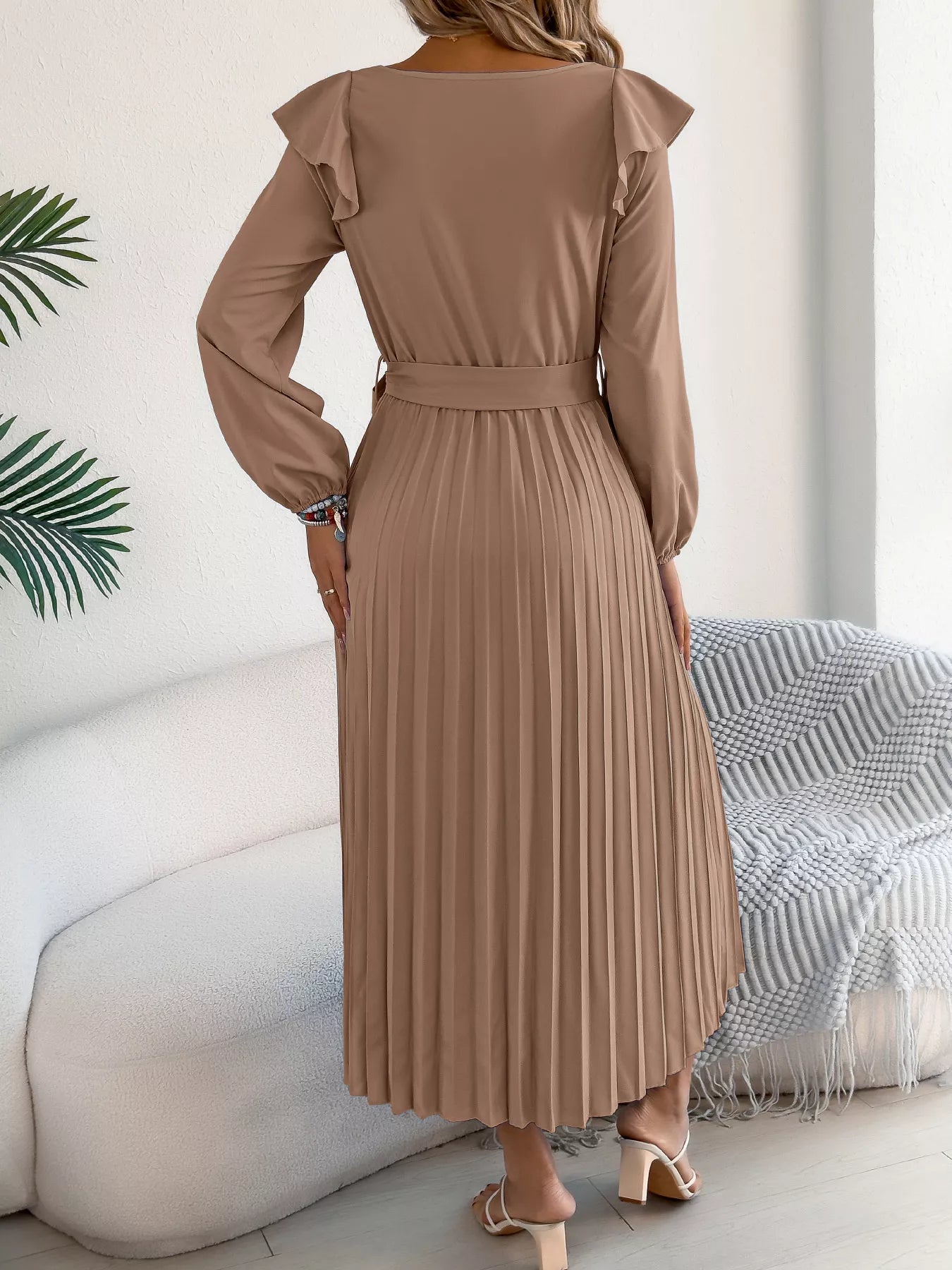 Ruffle Trim Pleated A-Line Midi Dress-Nordavory