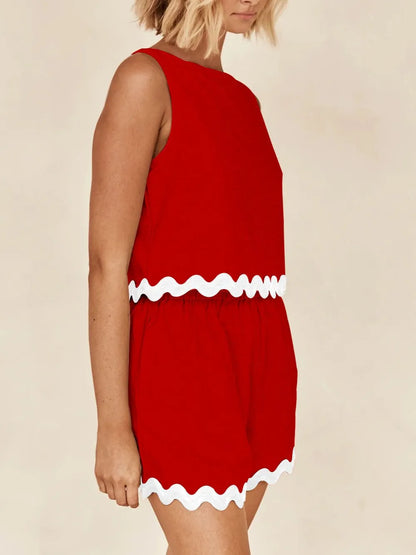 Contrast Trim Round Neck Tank and Shorts Set-Nordavory