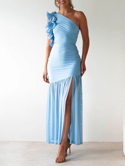 One-Shoulder Ruffle Trim Maxi Dress-Nordavory