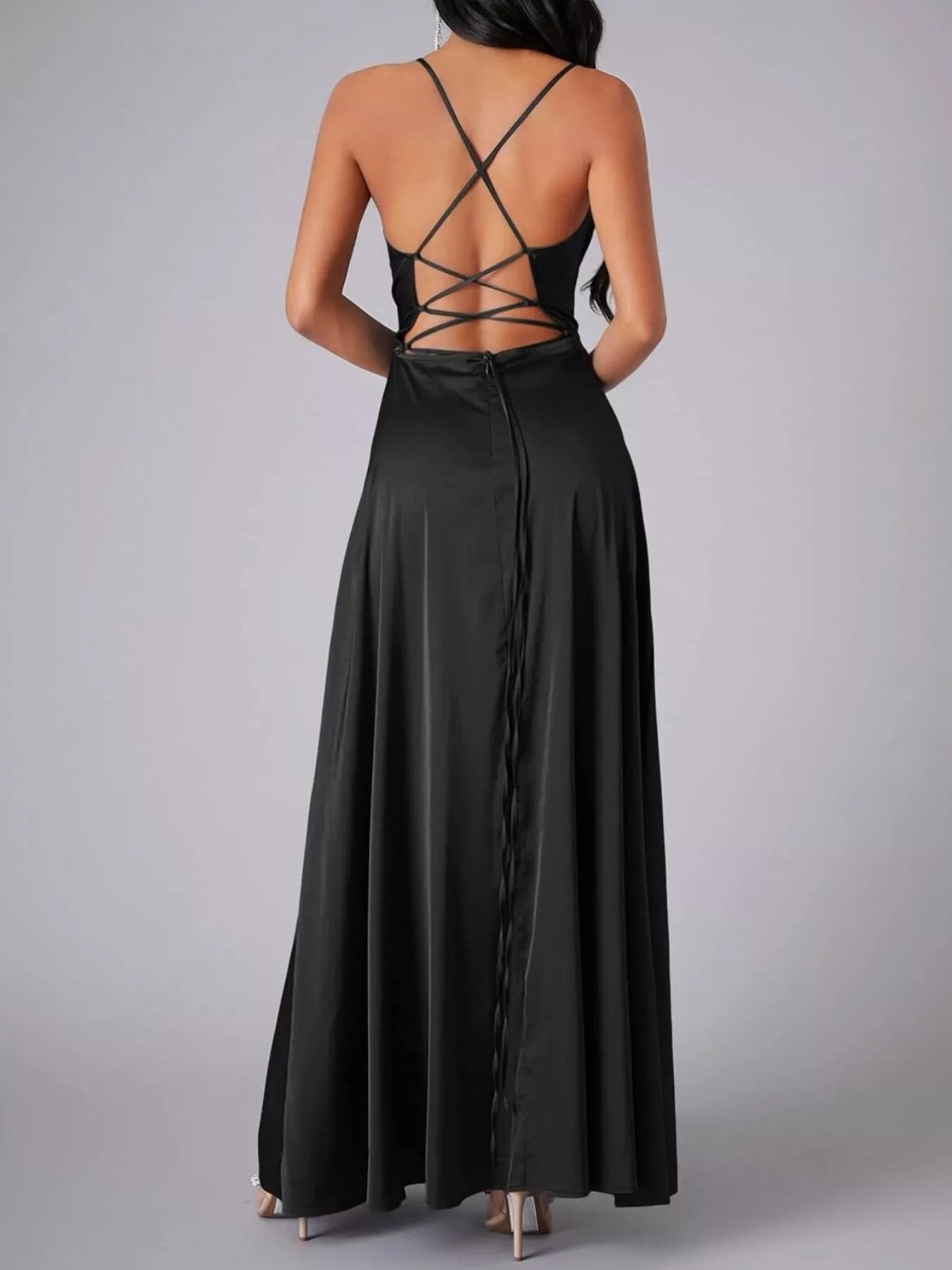 Lace Up Back Split Maxi Dress-Nordavory