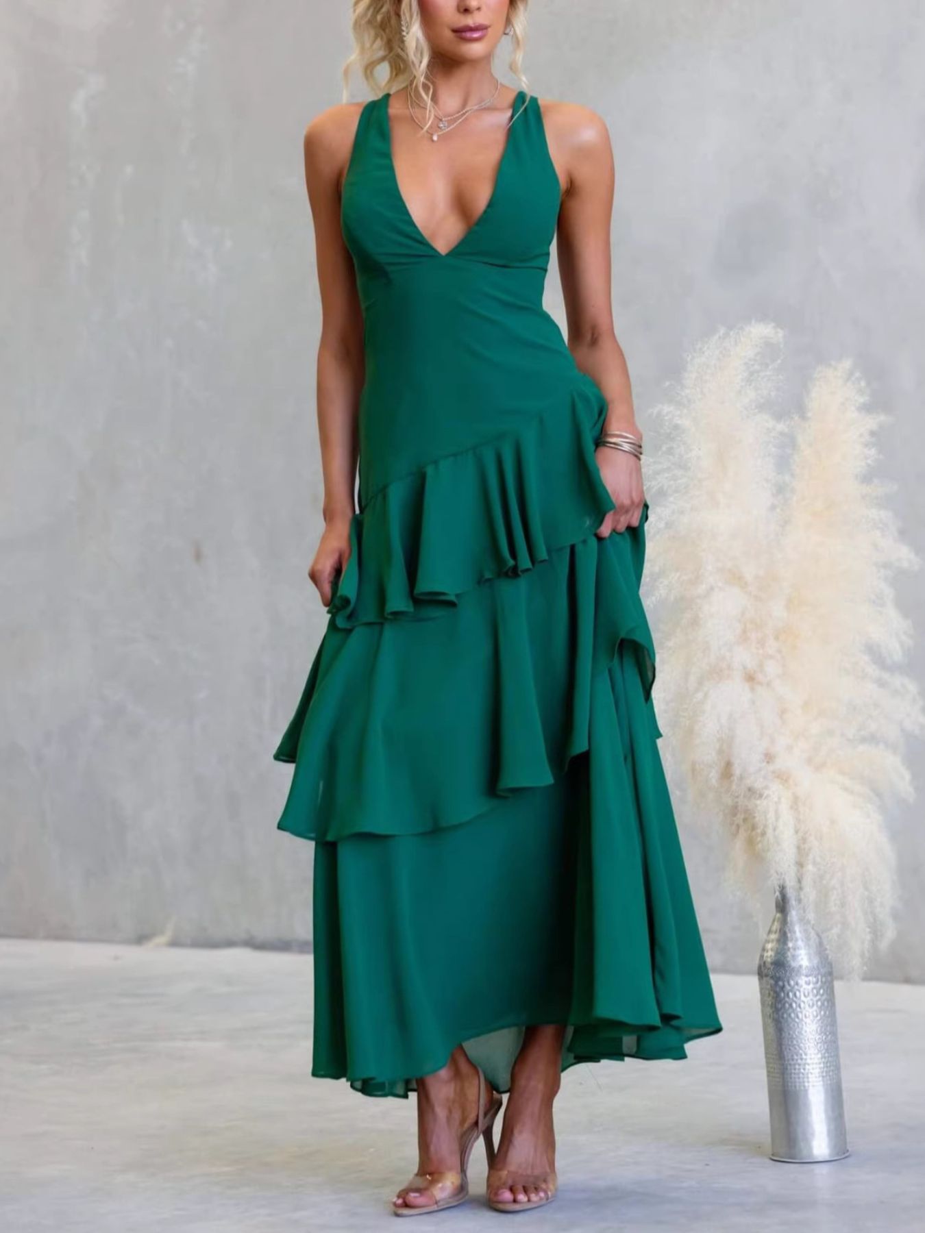 Sleeveless Ruffled Layered Backless Maxi Dress-Nordavory