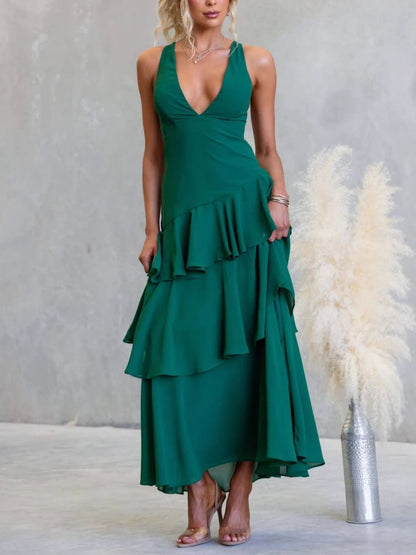 Sleeveless Ruffled Layered Backless Maxi Dress-Nordavory