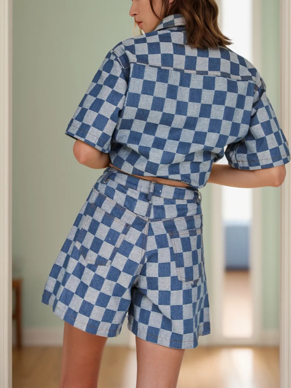 Checkered Button Up Half Sleeve Top and Shorts Set-Nordavory
