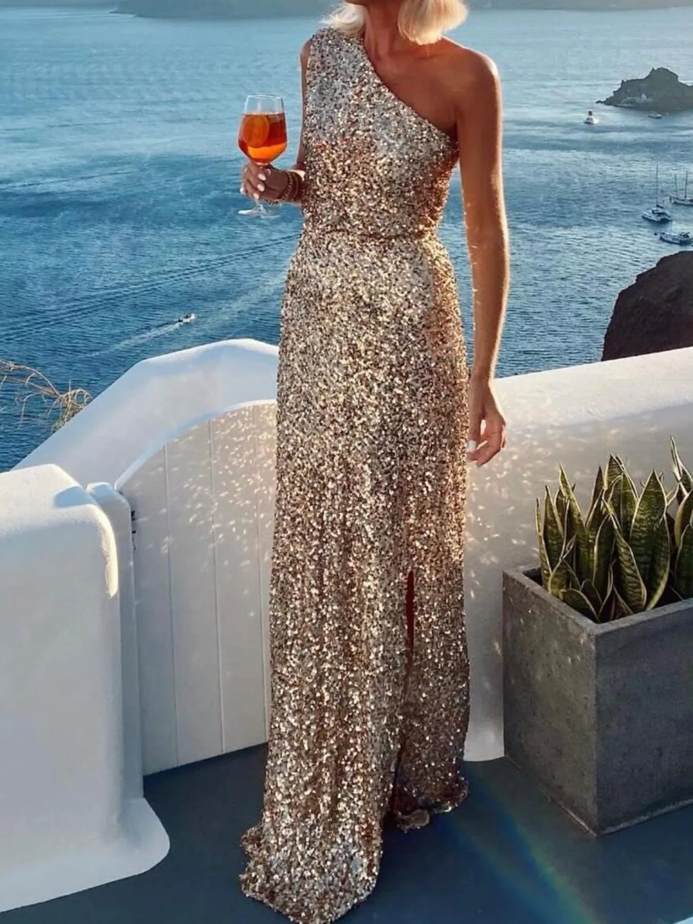 Sequin One-Shoulder Slit Maxi Dress-Nordavory