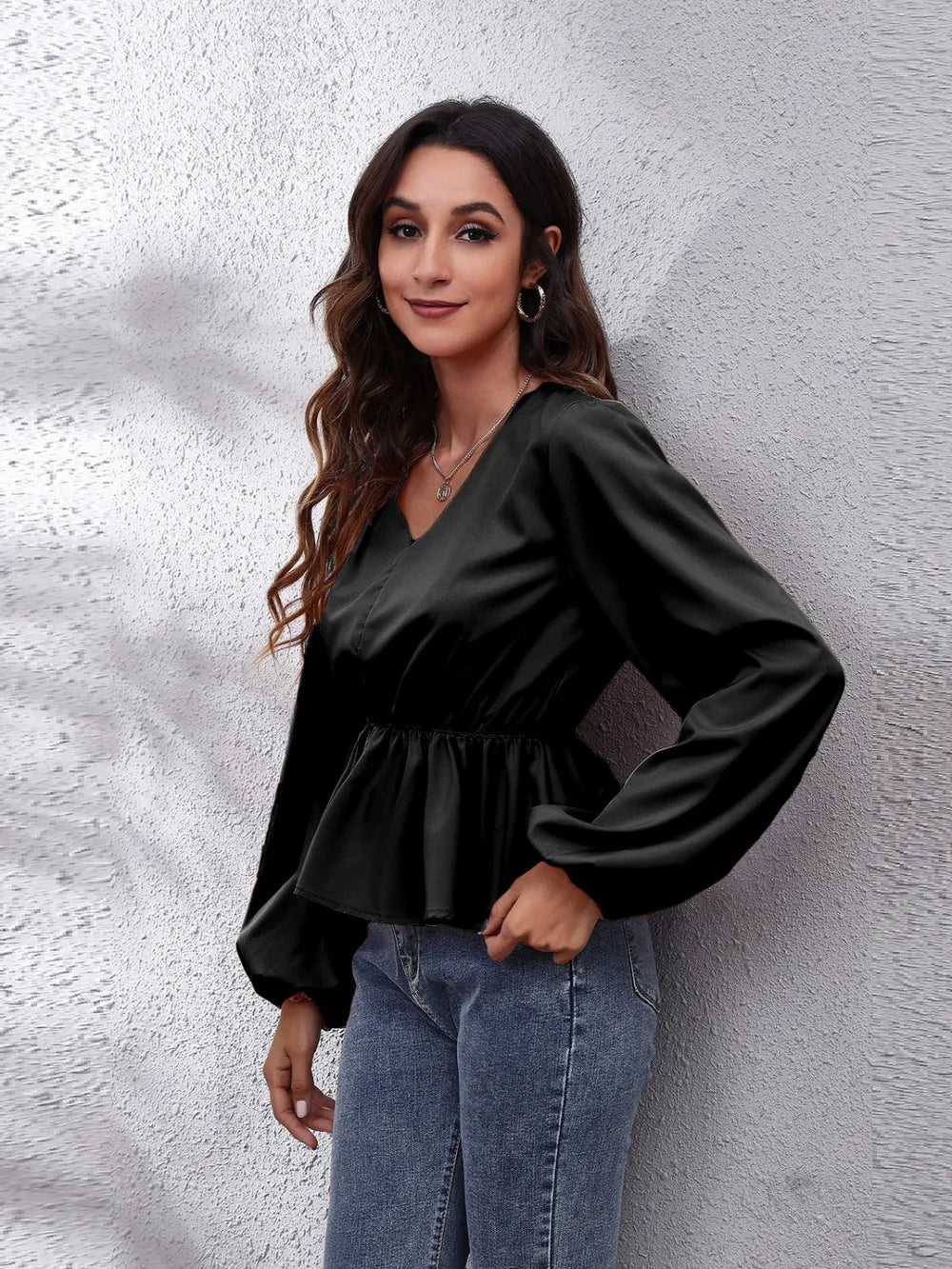 V-Neck Balloon Sleeve Peplum Blouse-Nordavory