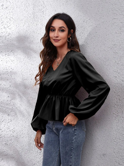 V-Neck Balloon Sleeve Peplum Blouse-Nordavory