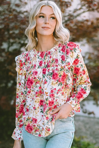 Floral Round Neck Smocked Blouse-Nordavory