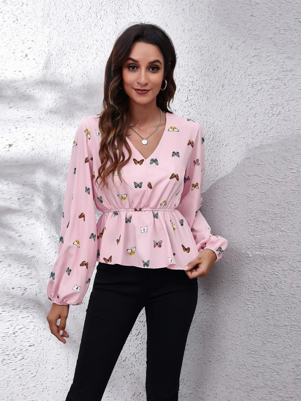 Butterfly V-Neck Balloon Sleeve Peplum Blouse-Nordavory