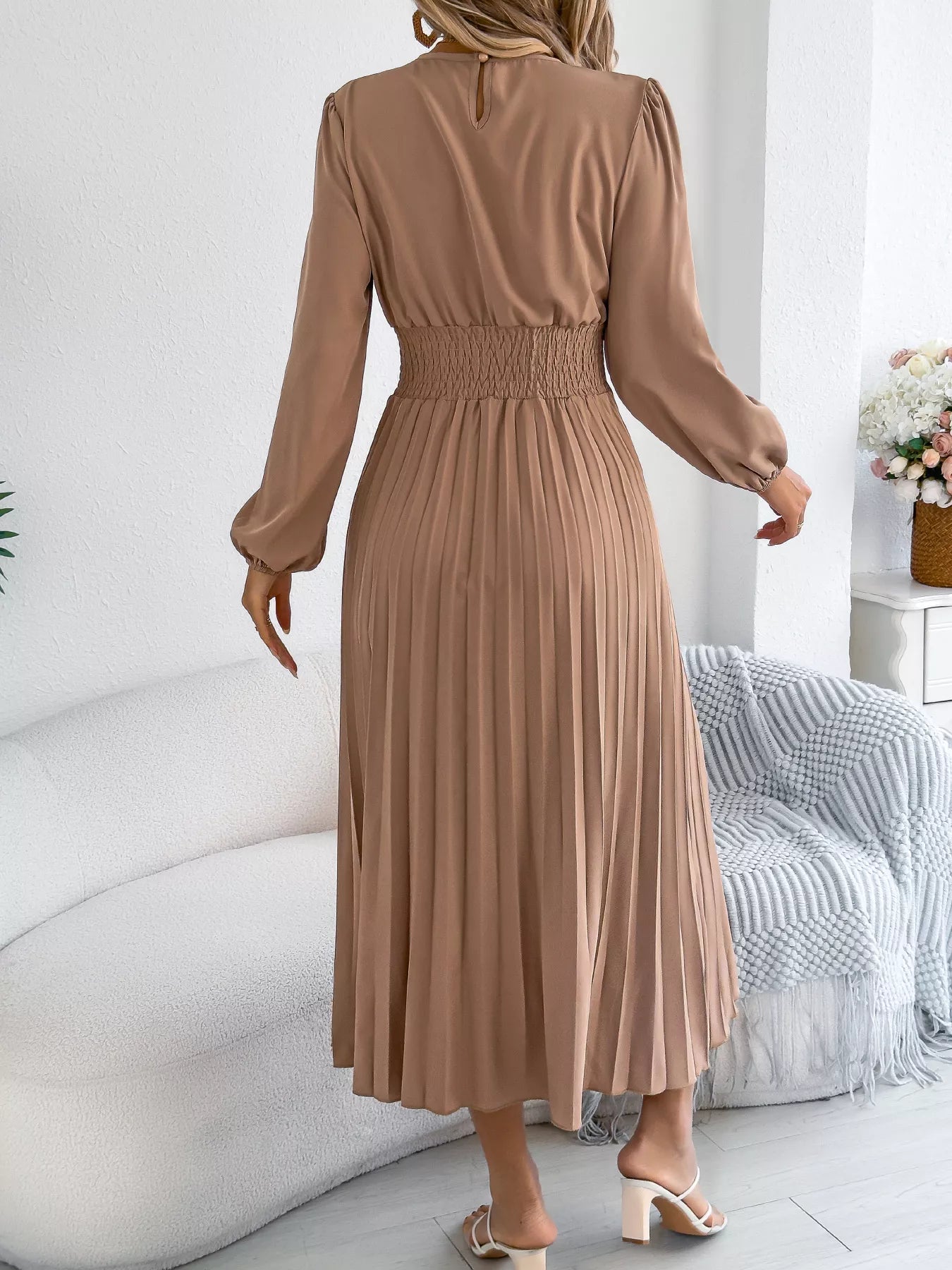 Smocked Pleated Long Sleeve Midi Dress-Nordavory