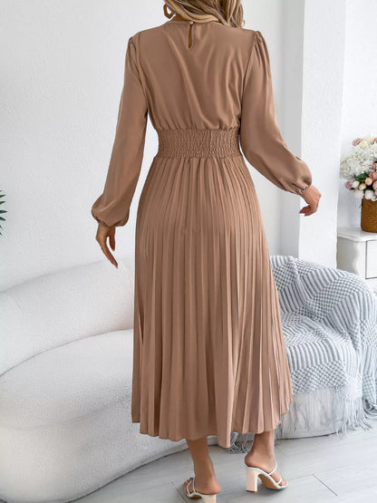 Smocked Pleated Long Sleeve Midi Dress-Nordavory