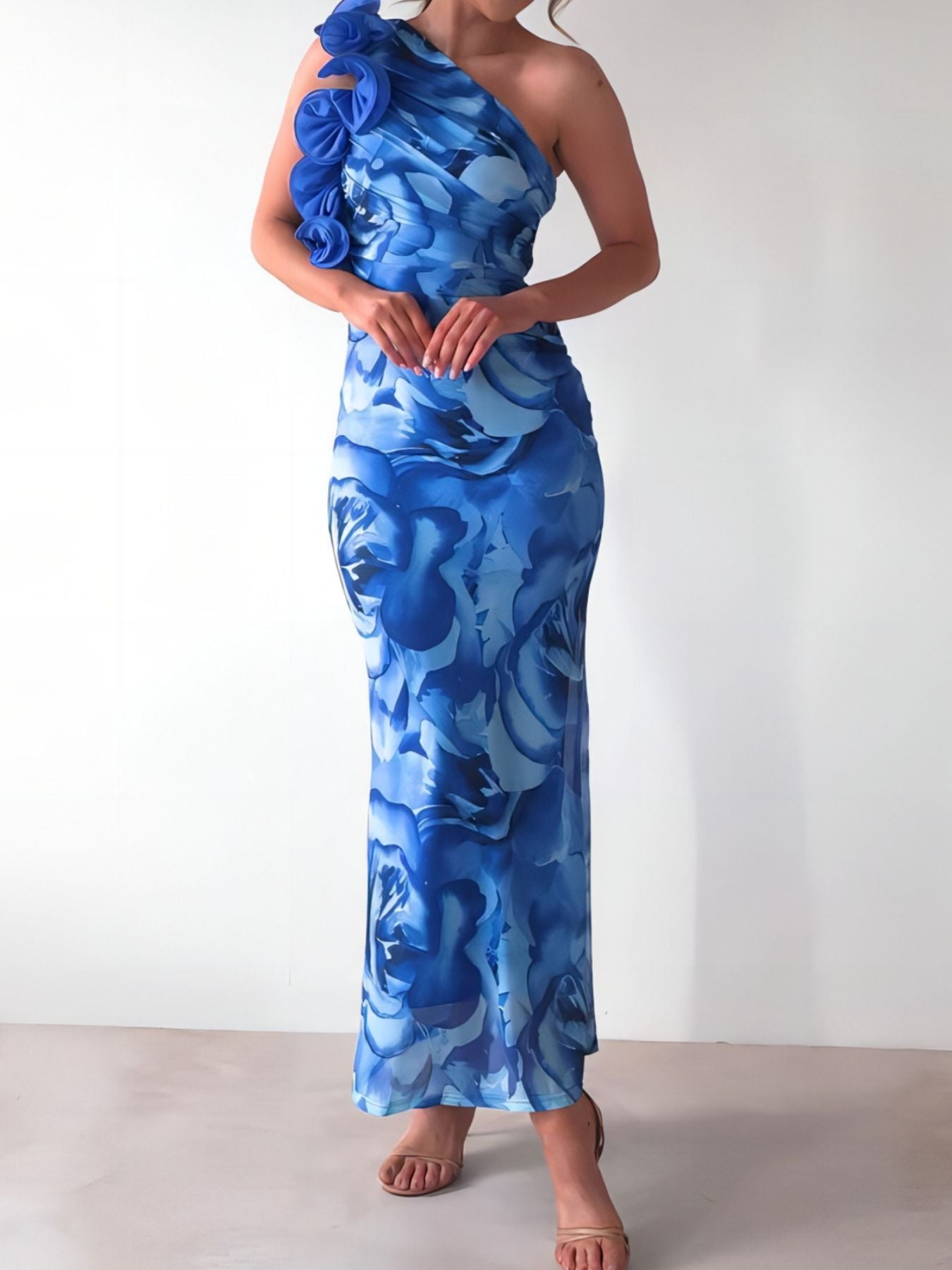 Floral Print One-Shoulder Maxi Dress-Nordavory