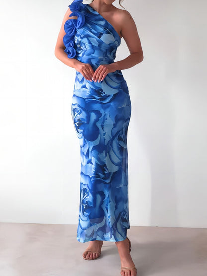 Floral Print One-Shoulder Maxi Dress-Nordavory