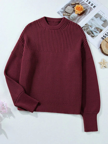 Solid Color Mixed Textured Knitted Crew Neck Sweater-Nordavory