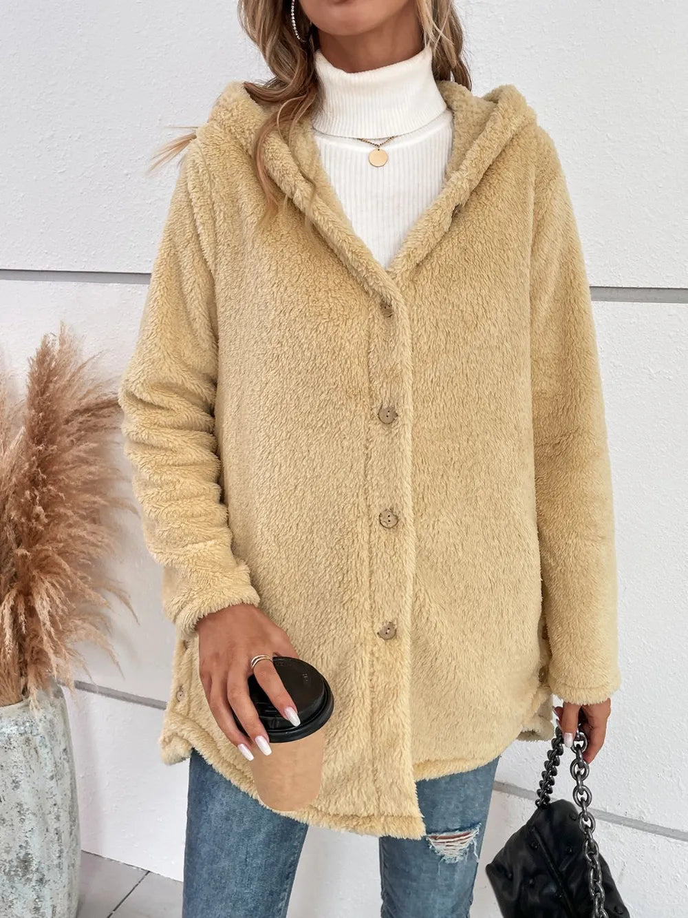 Fuzzy Button Up Hooded Jacket-Nordavory