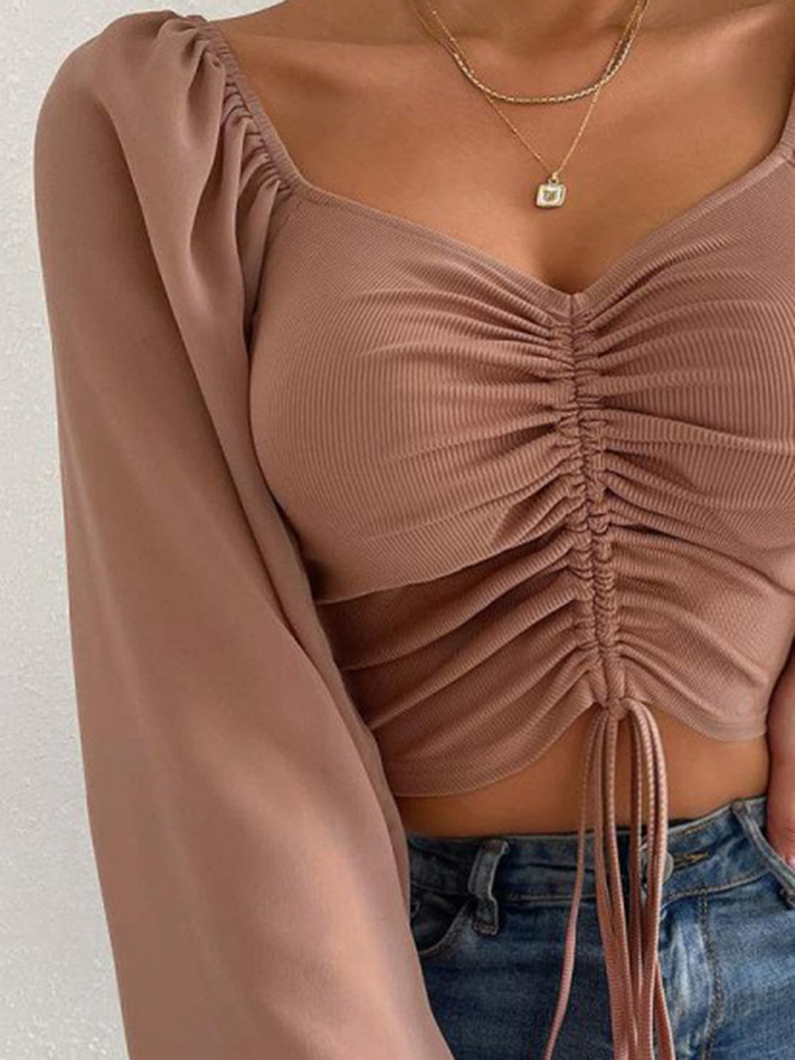 Drawstring Sweetheart Neck Cropped Top-Nordavory