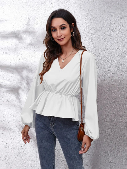 V-Neck Balloon Sleeve Peplum Blouse-Nordavory